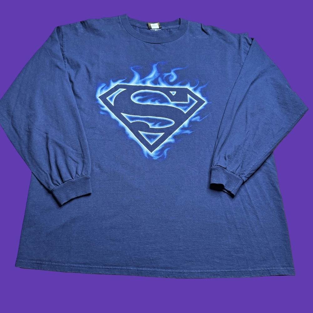 2003 Superman Fire Flames Logo Long Sleeve Tee Mens XL Blue Y2K Warner bros